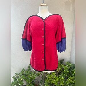 Vintage 80s Jeanne Marc blouse cotton puffy sleeve red black purple Small 8/10